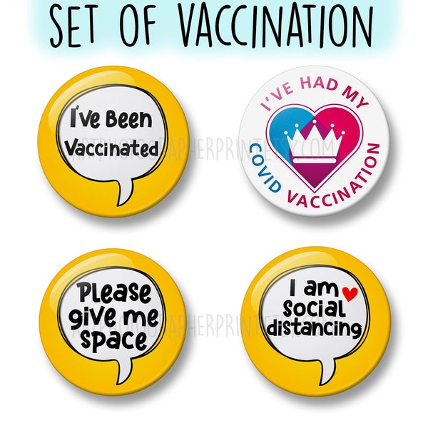 Vaccinated Badge Set, 4 Badges, 32mm or 44mm, Badge Packs, Vaccinated, NHS Covid Vaccination Pin Badge