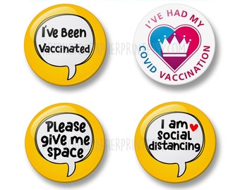 Vaccinated Badge Set, 4 Badges, 32mm or 44mm, Badge Packs, Vaccinated, NHS Covid Vaccination Pin Badge