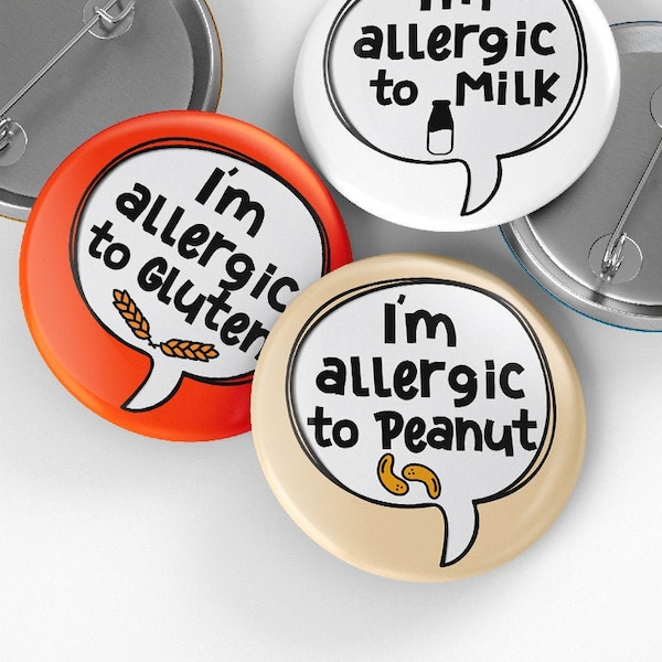 Allergy Alert Pin Button Badge, 32mm or 44mm, I am allergic to Eggs, Soy, Nuts, Peanuts, Fish, Gluten, Milk, Lactose, Alert, Food Allergy