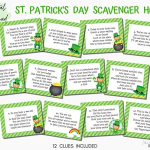 May include: Twelve green and white cards with a shamrock design and a leprechaun illustration. Each card has a clue for a St. Patrick's Day scavenger hunt. The cards are printed with the text "12 Clues Included".