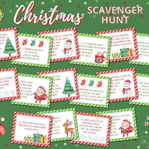 Búsqueda del tesoro navideña, juego de fiesta navideña, pistas de búsqueda del tesoro navideño, imprimible navideño, actividad navideña para niños