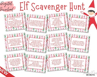 May include: Twelve printable cards featuring a cartoon elf with a red hat and a white background. The cards have instructions for a scavenger hunt game with the text "Elf Scavenger Hunt".