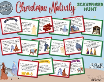 Nativity Scavenger Hunt, Christmas Scavenger Hunt, Christmas Treasure Hunt Clues, Christmas Story Clues, Advent Game for Kids