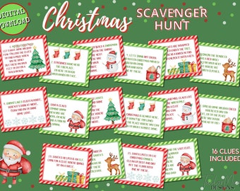 Christmas Scavenger Hunt, Christmas Party Game, Christmas Treasure Hunt Clues, Christmas Printable, Christmas Activity for Kids