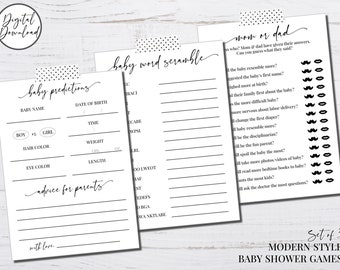 Printable Baby Shower Games, Baby Predictions, Baby Word Scramble, Guess Who Mom or Dad, Fun Baby Shower Games, Baby Advice Card