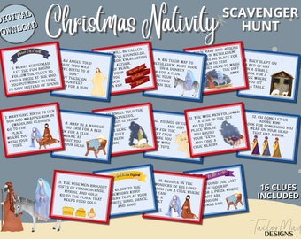 Nativity Scavenger Hunt, Christmas Scavenger Hunt, Christmas Treasure Hunt Clues, Christmas Story Clues, Christmas Activity for Kids