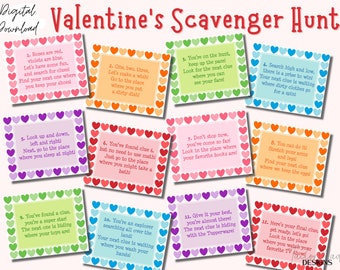 Valentines Scavenger Hunt, Valentines Treasure Hunt, Valentines Party Game, Valentines Game Kids, Valentines Printable Clues