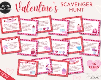 Valentine Scavenger Hunt, Valentine's Party Game, Valentines Treasure Hunt Clues, Valentines Printable, Valentine Activity for Kids