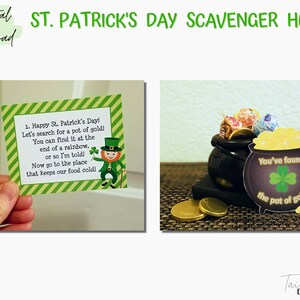 May include: A St. Patrick's Day scavenger hunt game with a green and gold card that says "You've found the pot of gold!" and a black cauldron filled with gold coins and candy.