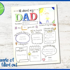 Puede incluir: Un cuestionario "Todo sobre mi pap&aacute;" descargable digitalmente y dibujado a mano. La p&aacute;gina incluye indicaciones para el nombre del padre, su edad, sus cosas favoritas y un espacio para un dibujo. La p&aacute;gina de ejemplo est&aacute; completa.