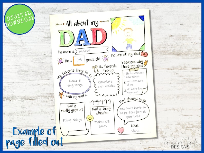 Puede incluir: Un cuestionario "Todo sobre mi pap&aacute;" descargable digitalmente y dibujado a mano. La p&aacute;gina incluye indicaciones para el nombre del padre, su edad, sus cosas favoritas y un espacio para un dibujo. La p&aacute;gina de ejemplo est&aacute; completa.
