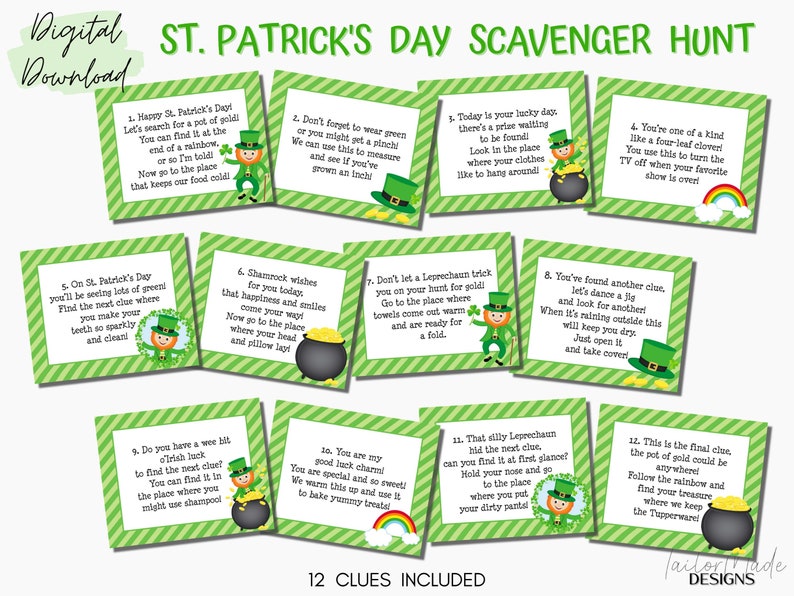 May include: Twelve green and white cards with a shamrock design and a leprechaun illustration. Each card has a clue for a St. Patrick's Day scavenger hunt. The cards are printed with the text "12 Clues Included".
