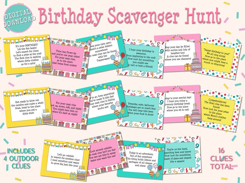 May include: A set of 16 colorful birthday scavenger hunt clue cards with illustrations and text. The cards are printed on white cardstock with a pink, yellow, and blue polka dot pattern. The cards are designed to be used for a birthday party scavenger hunt.
