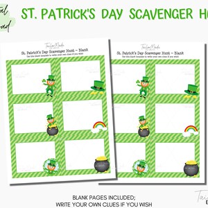 May include: Printable St. Patrick's Day scavenger hunt game with blank spaces for writing your own clues. The game features a green, white, and gold color scheme with illustrations of leprechauns, pots of gold, and rainbows.