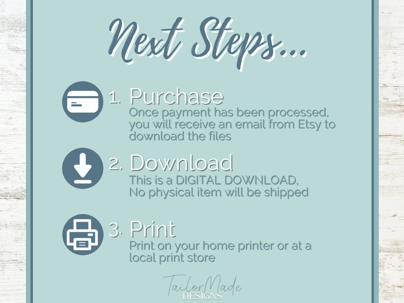 Puede incluir: Gr&aacute;fico azul claro con el texto "Next Steps..." e instrucciones numeradas: Comprar, Descargar e Imprimir. El texto explica el proceso de descarga digital, incluida la recepci&oacute;n de un correo electr&oacute;nico de Etsy.