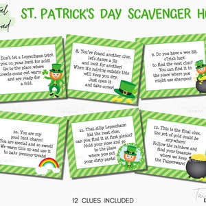 May include: Twelve green and white striped cards with a St. Patrick's Day scavenger hunt theme. Each card features a leprechaun illustration and a clue written in a playful font. The clues are numbered 7 through 12. The cards are designed for a fun and festive St. Patrick's Day activity.