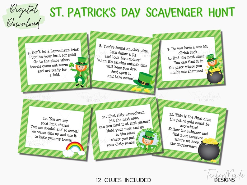 May include: Twelve green and white striped cards with a St. Patrick's Day scavenger hunt theme. Each card features a leprechaun illustration and a clue written in a playful font. The clues are numbered 7 through 12. The cards are designed for a fun and festive St. Patrick's Day activity.