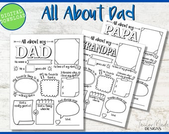 Puede incluir: Una descarga digital con tres páginas imprimibles en blanco y negro. Las páginas se titulan "All About Dad", "All About Papa" y "All About Grandpa". Cada página incluye secciones para completar con detalles personales y dibujos.