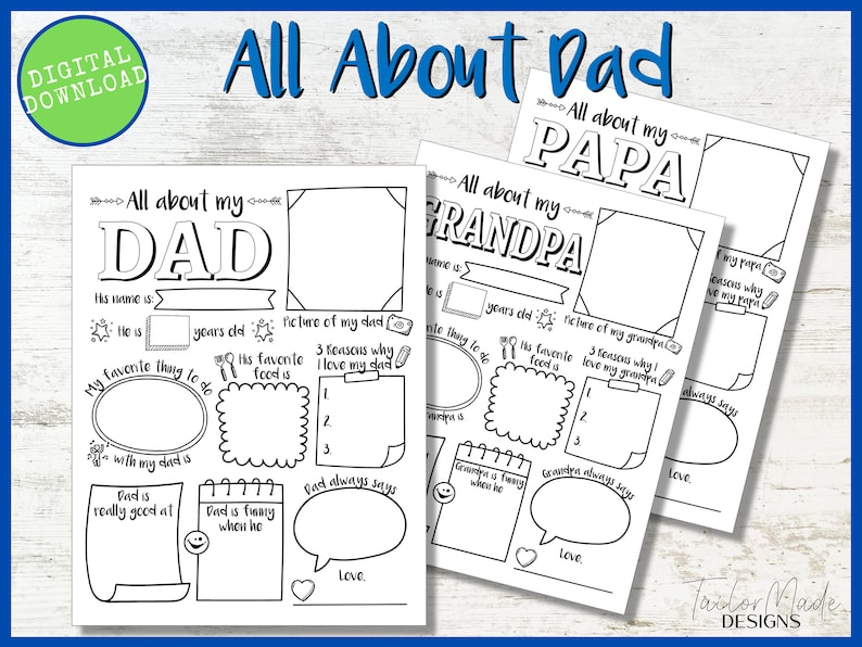 Puede incluir: Una descarga digital con tres p&aacute;ginas imprimibles en blanco y negro. Las p&aacute;ginas se titulan "All About Dad", "All About Papa" y "All About Grandpa". Cada p&aacute;gina incluye secciones para completar con detalles personales y dibujos.