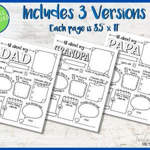 Puede incluir: Descarga digital de tres p&aacute;ginas imprimibles: "All about my Dad", "All about my Grandpa" y "All about my Papa". Cada p&aacute;gina mide 21,6 x 27,9 cm e incluye secciones para rellenar con detalles personales.