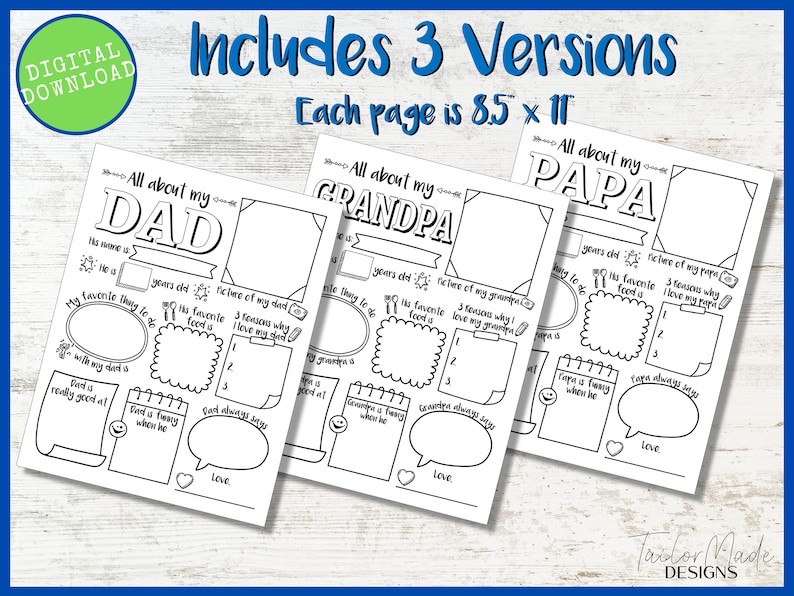 Puede incluir: Descarga digital de tres p&aacute;ginas imprimibles: "All about my Dad", "All about my Grandpa" y "All about my Papa". Cada p&aacute;gina mide 21,6 x 27,9 cm e incluye secciones para rellenar con detalles personales.