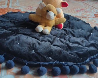 Black Velvet Baby gym activity play mat with pom poms - Blue