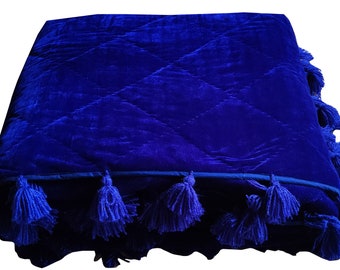 Royal Blue Velvet Quilt, Hand-stitched Cotton Bedspread