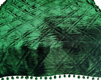 Edredón de terciopelo verde esmeralda con pompones, ropa de cama de lujo