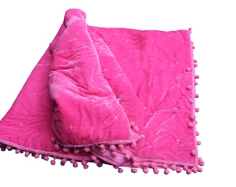 Baby Pink Velvet Quilt: Hand-Stitched Comforter with Pom Poms