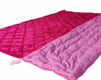 Edredón de terciopelo fucsia y rosa, colcha cosida a mano.