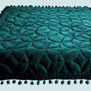 Teal Velvet Pompom Quilt Teal Velvet Quilt Teal Velvet Bedspread, Teal Velvet Quilt, Throws And Blankets Velvet Bedding Set