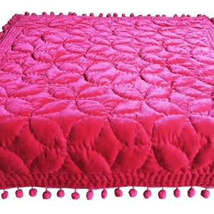 Fuchsia Velvet Pompom Quilt Fuchsia Velvet Quilt Pink Velvet Bedspread, Fuchsia Velvet Quilt, Throws And Blankets Velvet Bedding Set