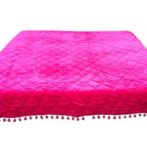 Fuchsia Velvet Pompom Quilt Comforter Blanket Bedspread King Velvet Blanket Velvet Comforter, Coverlet Diamond Hand Stitched_Bedding Sets_