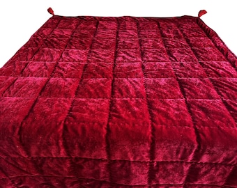 Deep Red Velvet Quilt, Hand Pick Stitch Bedding, Pom Pom Decor