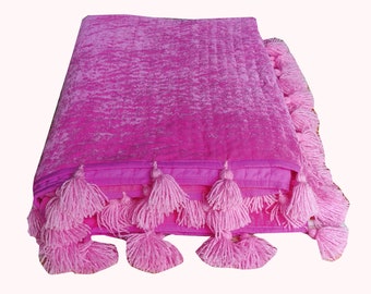 Hand Stitched Baby Pink Velvet Quilt with Tassels