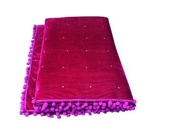 Purple Velvet Quilt with Pom Poms: Hand-Stitched Cotton Bedding