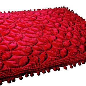 Deep Red Velvet Pompom Quilt Deep red Velvet Quilt Red Velvet Bedspread, Deep red Velvet Quilt, Throws And Blankets Velvet Bedding Set