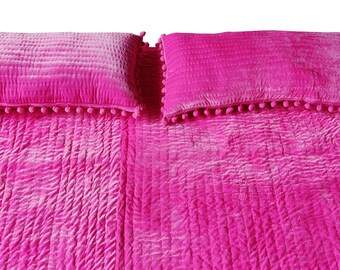 Luxury Baby Pink Velvet Quilt: Hand Pick Stitch Throw Blanket