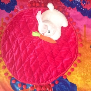 Fuchsia velvet baby play mat Baby gym activity play mat with pom poms - Red