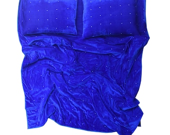 Royal Blau Samt Quilt: Hand Sterne Stich Baumwollbettwäsche