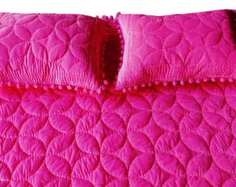 Baby Pink Velvet Pompom Quilt, Handmade Cotton Bedding