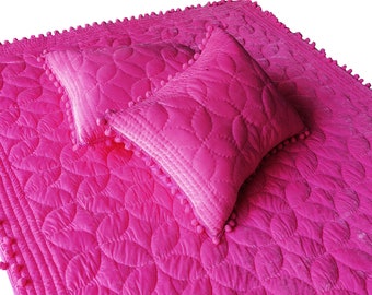Baby Pink Velvet Quilt with Pom Poms: Luxury Bedding