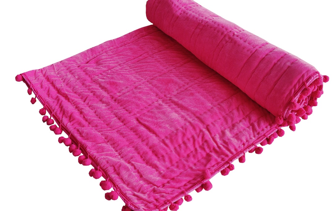 Baby Pink Velvet Pompom Quilt Comforter Blanket Bedspread King Velvet ...