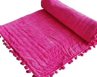 Baby Pink Velvet Quilt: Hand-Stitched PomPom Bedspread