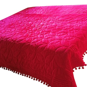 Fuchsia Velvet Pompom Quilt Comforter Blanket Bedspread King Velvet Blanket Velvet Very Soft Comforter, Coverlet flower  gift for her