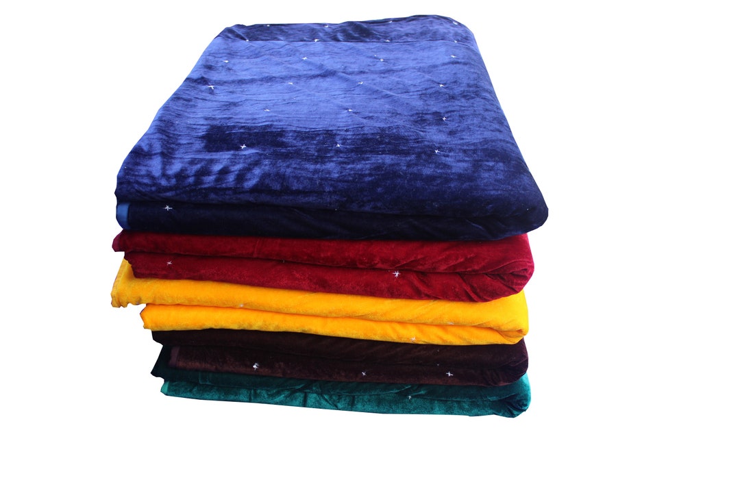 Navy Blue Velvet Blanket Quilt Throw Coverlet Starry Handstitched