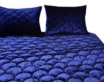 Navy Blue Velvet Quilt Bedspread with Pompoms, King Size