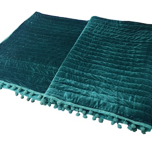 Teal Velvet Quilt, Velvet Quilt King, Lap Size Quilt, Blanket, Pick Stitch Quilt, Pom Pom Throw Blanket, Dark green quilt