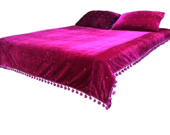 Purple Velvet Quilt: Hand-Stitched Star Blanket with Pom Poms