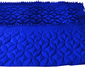 Royal Blue Velvet Quilt with Pom Poms, Hand Stitched